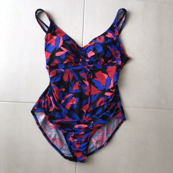 Aqua Green Swim One Piece Swimsuit Multicolor Floral Shirred - Picture 1 of 10